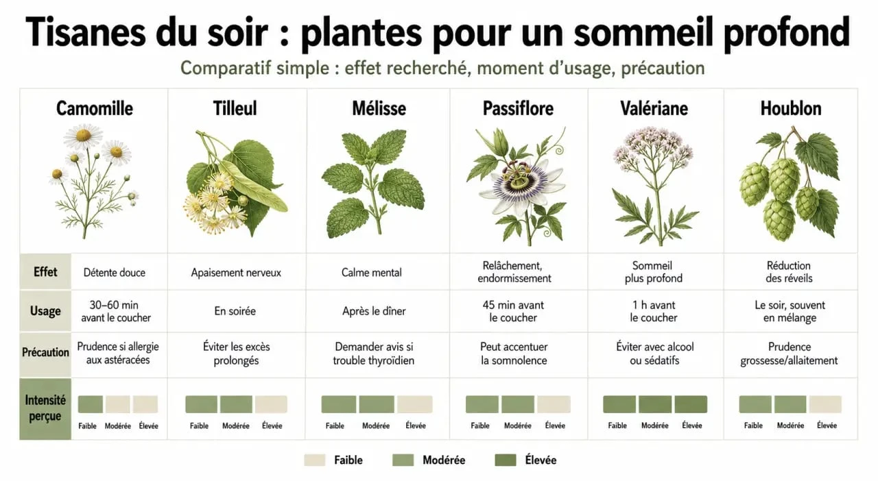 Tisane sommeil profond : comparatif visuel des plantes du soir avec camomille, tilleul, m&eacute;lisse, passiflore et val&eacute;riane