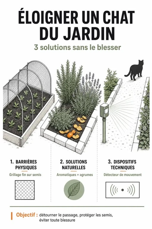 Repulsif chat jardin : illustration &eacute;ditoriale des solutions naturelles, physiques et techniques pour prot&eacute;ger un jardin