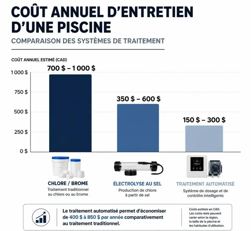 Infographie comparative du coût entretien piscine selon le système de traitement