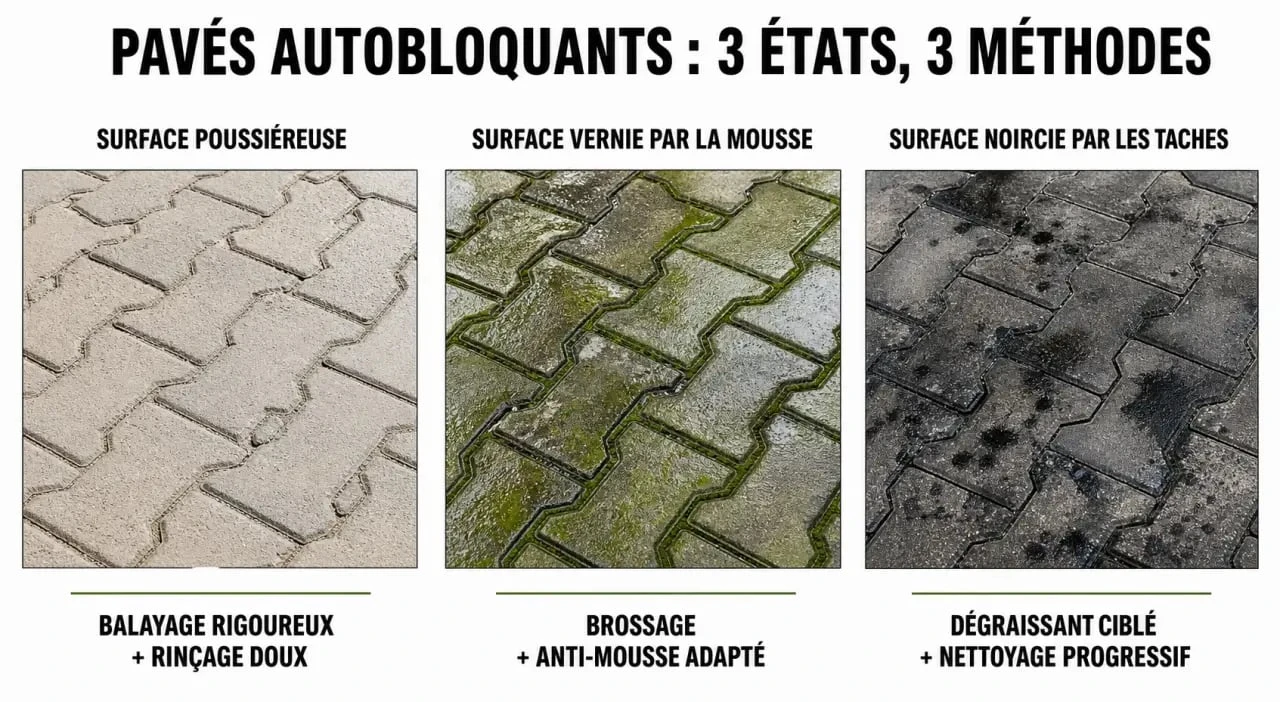 Nettoyer les pav&eacute;s autobloquants selon le niveau d&rsquo;encrassement et le type de salissure