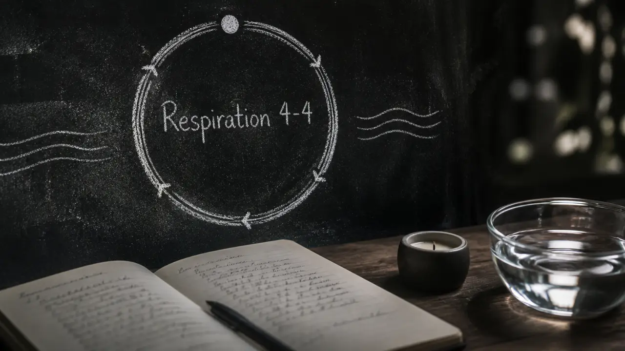 Exercice pleine conscience respiration 4-4, carnet et craie sur fond noir