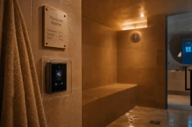 Hammam maison intérieur : cabine en tadelakt beige, serviette et commande murale