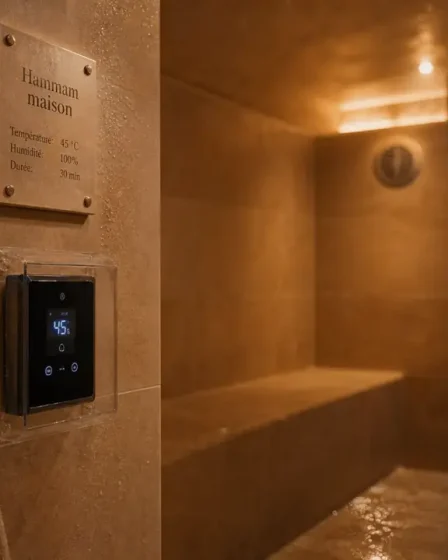 Hammam maison intérieur : cabine en tadelakt beige, serviette et commande murale