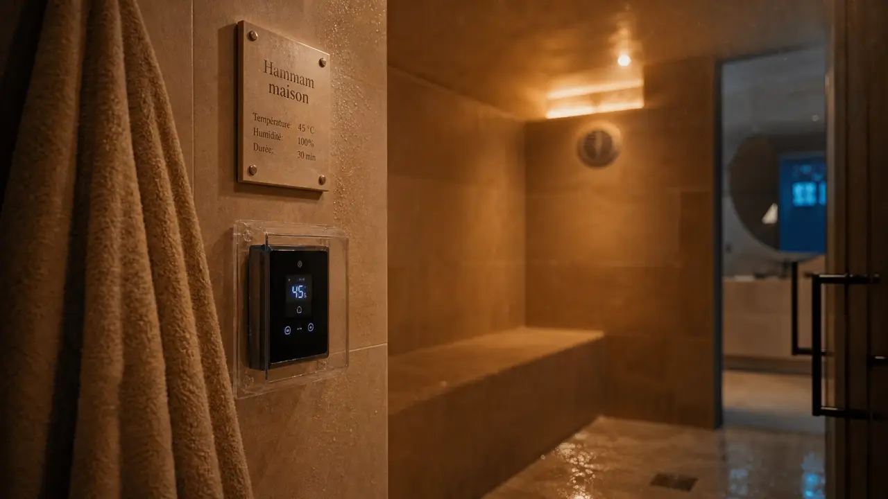 Hammam maison intérieur : cabine en tadelakt beige, serviette et commande murale