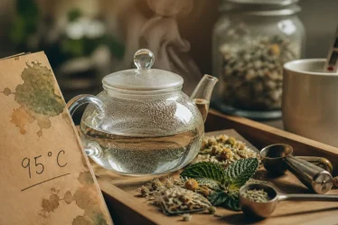 Infusion aux plantes : théière, camomille et menthe, température 95°C