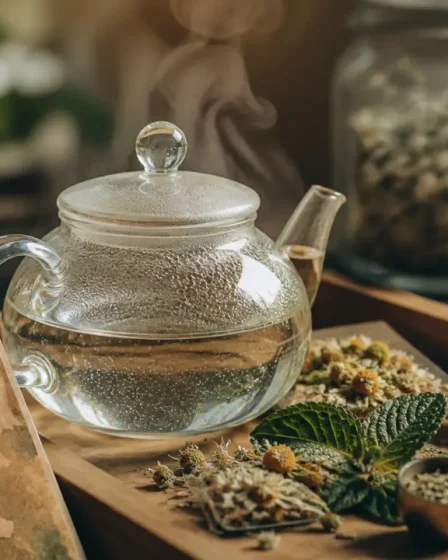 Infusion aux plantes : théière, camomille et menthe, température 95°C