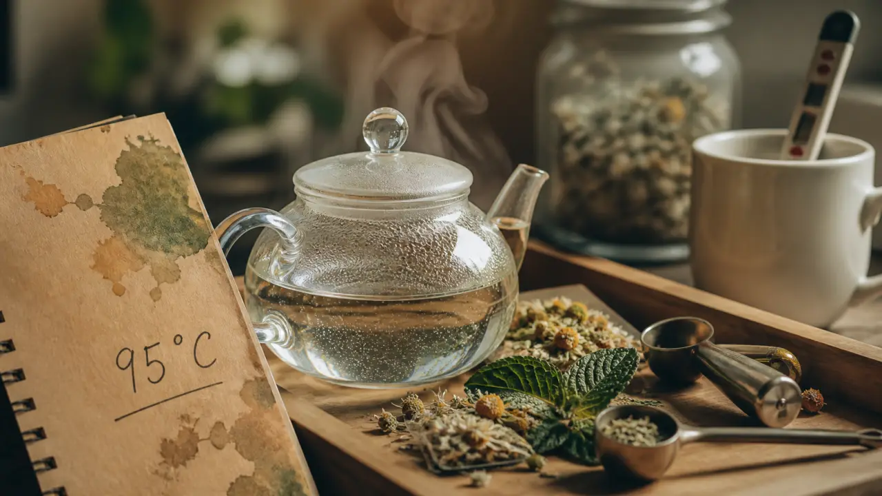 Infusion aux plantes : théière, camomille et menthe, température 95°C