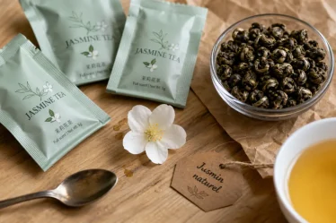 Jasmine thé au jasmin naturel ou aromatisé, tasses et feuilles de jasmin