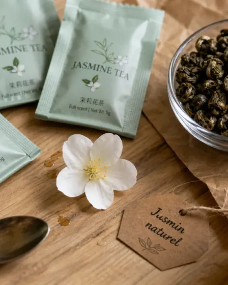 Jasmine thé au jasmin naturel ou aromatisé, tasses et feuilles de jasmin