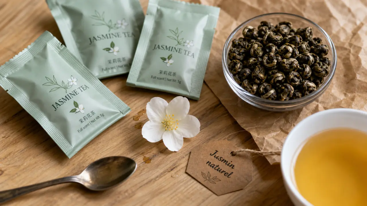 Jasmine thé au jasmin naturel ou aromatisé, tasses et feuilles de jasmin