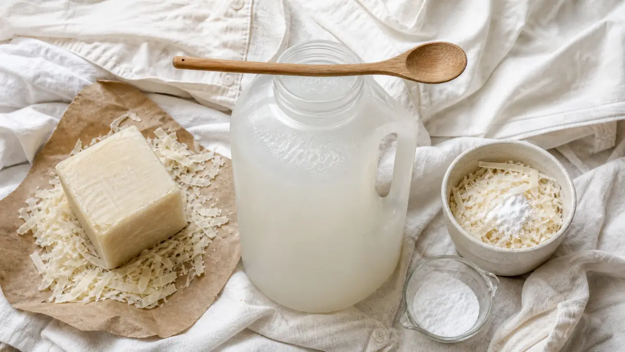 Lessive savon de marseille maison, copeaux et bicarbonate, linge blanc