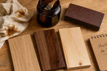 lhuile de lin bois : échantillons de bois huilé et chiffon sur table d’atelier