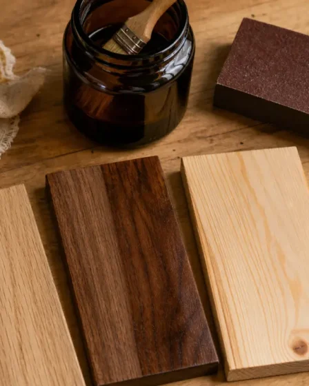 lhuile de lin bois : échantillons de bois huilé et chiffon sur table d’atelier