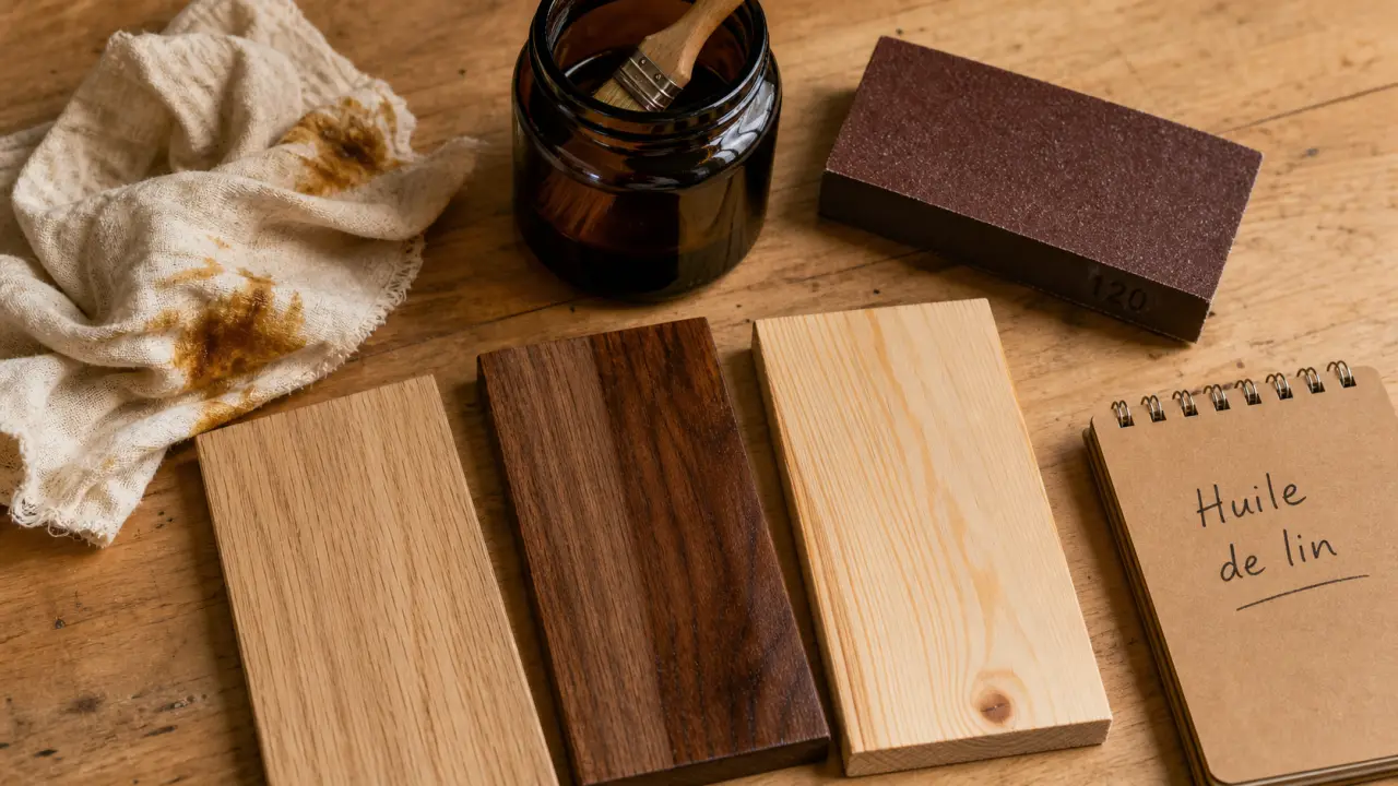 lhuile de lin bois : échantillons de bois huilé et chiffon sur table d’atelier
