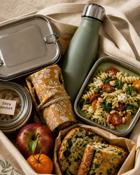 Pique nique zéro déchet : contenants réutilisables, bocal en verre et boîte inox