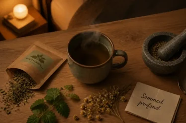 Plante sommeil profond : infusion valériane, passiflore ou mélisse, vue de dessus
