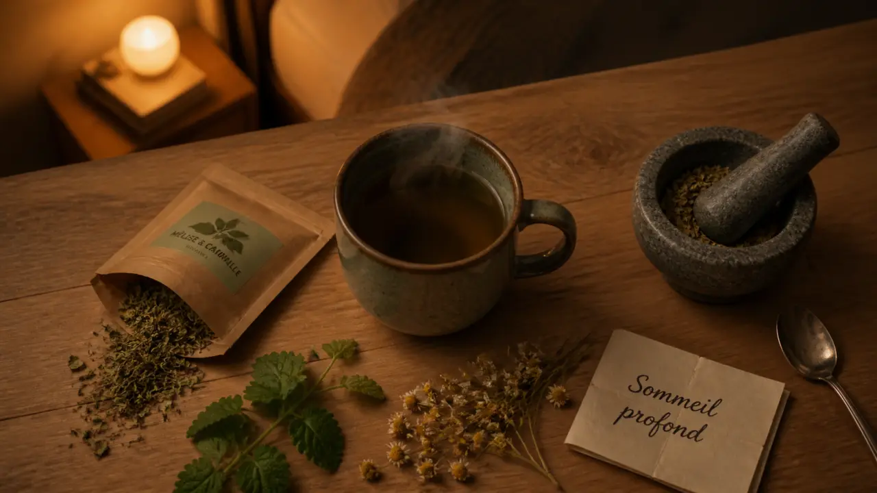Plante sommeil profond : infusion valériane, passiflore ou mélisse, vue de dessus