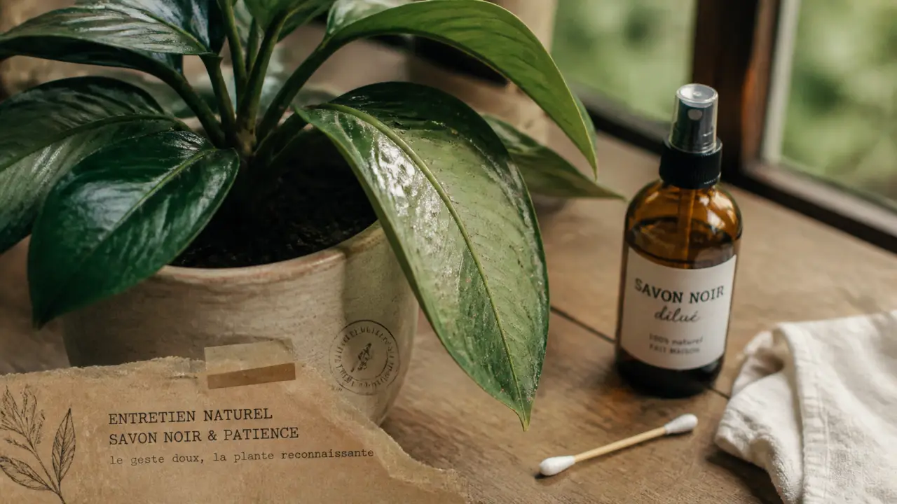 Puceron dans la maison : savon noir sur plante d’intérieur infestée de pucerons