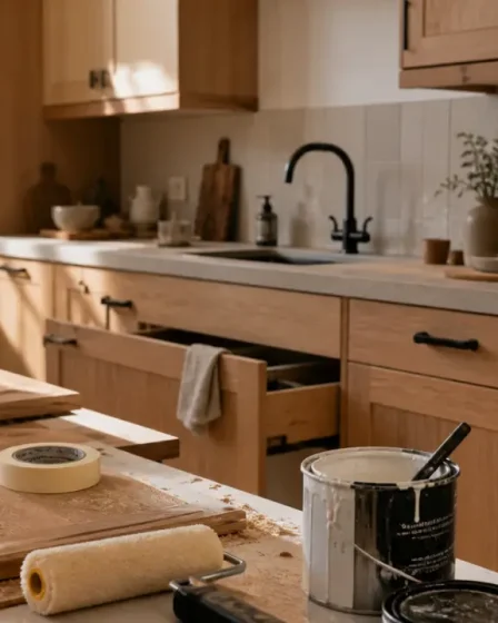 Renover une cuisine en bois : peinture sur façades et crédence