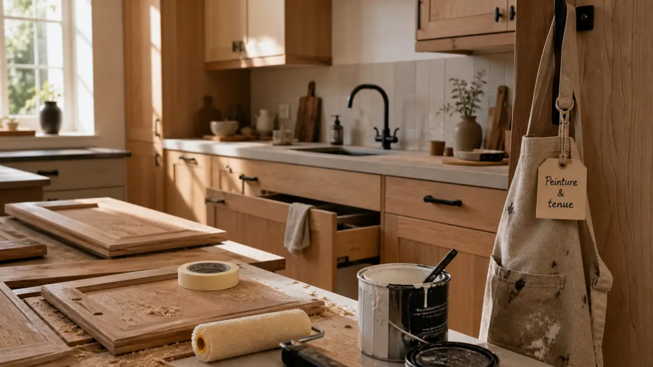 Renover une cuisine en bois : peinture sur façades et crédence