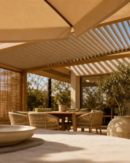 Terrasse ombragée plein sud : pergola et parasol ouverts