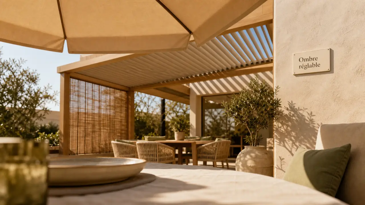 Terrasse ombragée plein sud : pergola et parasol ouverts