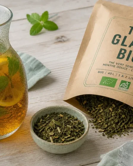 Thé glacé bio citron-menthe en carafe en verre