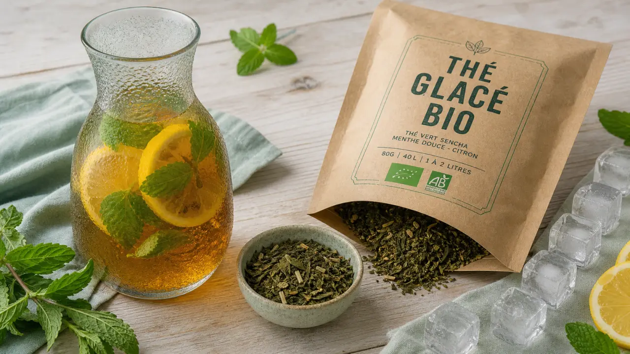 Thé glacé bio citron-menthe en carafe en verre