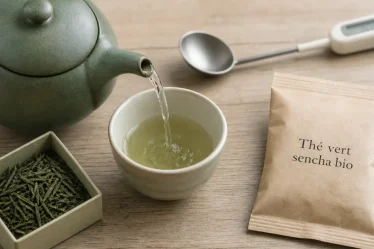 Thé vert sencha bio en infusion à 75°C, feuilles et théière
