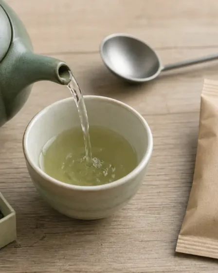 Thé vert sencha bio en infusion à 75°C, feuilles et théière