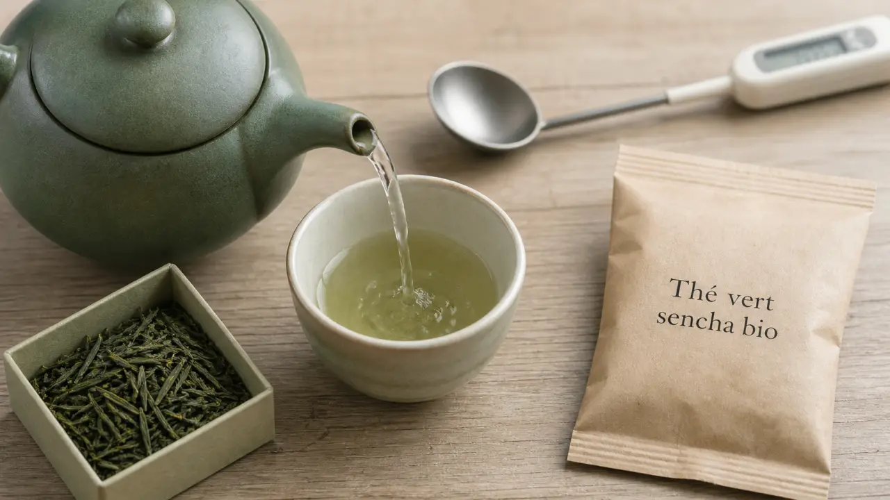 Thé vert sencha bio en infusion à 75°C, feuilles et théière