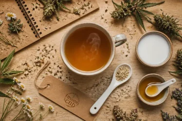 CBD tisane relaxante en tasse avec vapeur et chanvre