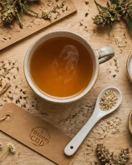 CBD tisane relaxante en tasse avec vapeur et chanvre