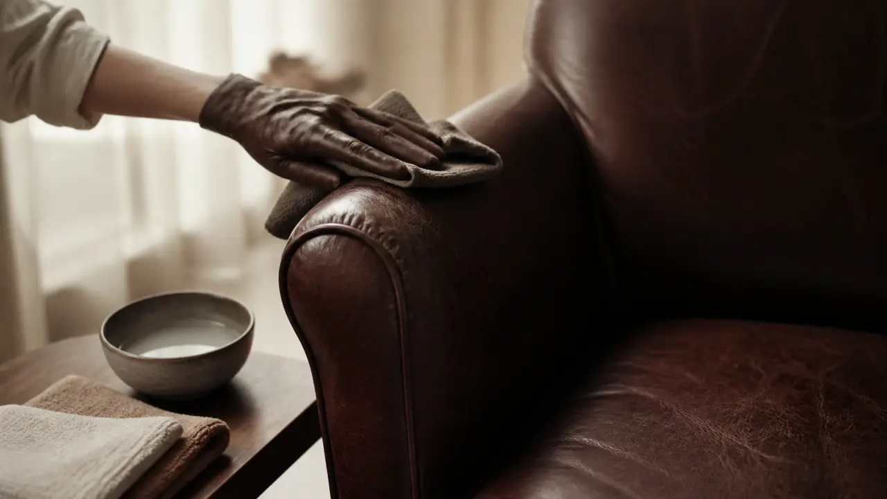 Comment nettoyer fauteuil cuir : main essuie l’assise en cuir avec microfibre humide