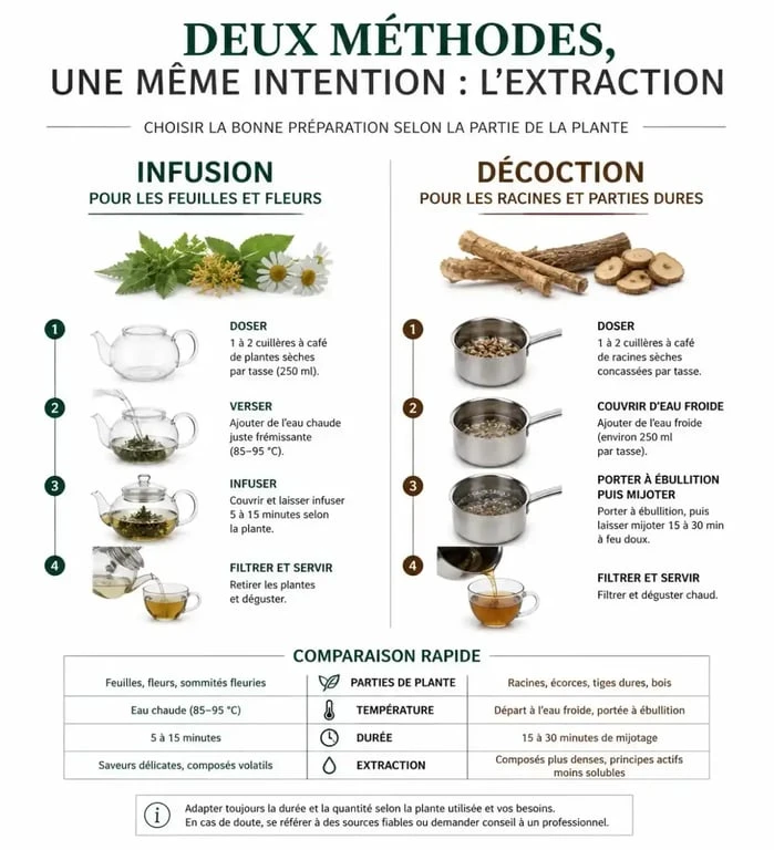 Infographie comparant la méthode de préparation par infusion et par décoction pour les tisanes