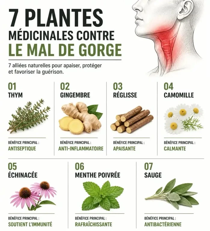 Infographie des 7 plantes médicinales pour soulager le mal de gorge et leurs bienfaits