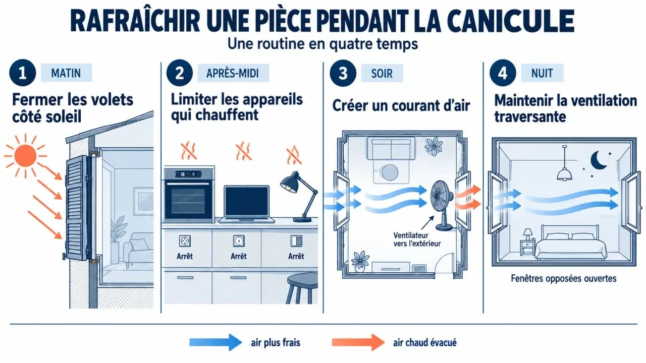 Rafra&icirc;chir une pi&egrave;ce : routine quotidienne avec volets ferm&eacute;s, a&eacute;ration nocturne et ventilateur