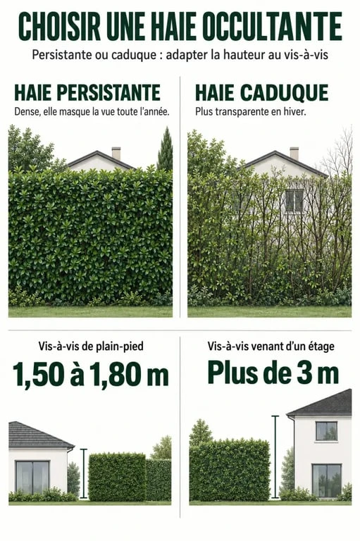 Infographie sur les critères de choix d’une haie occultante persistante ou caduque et sa hauteur