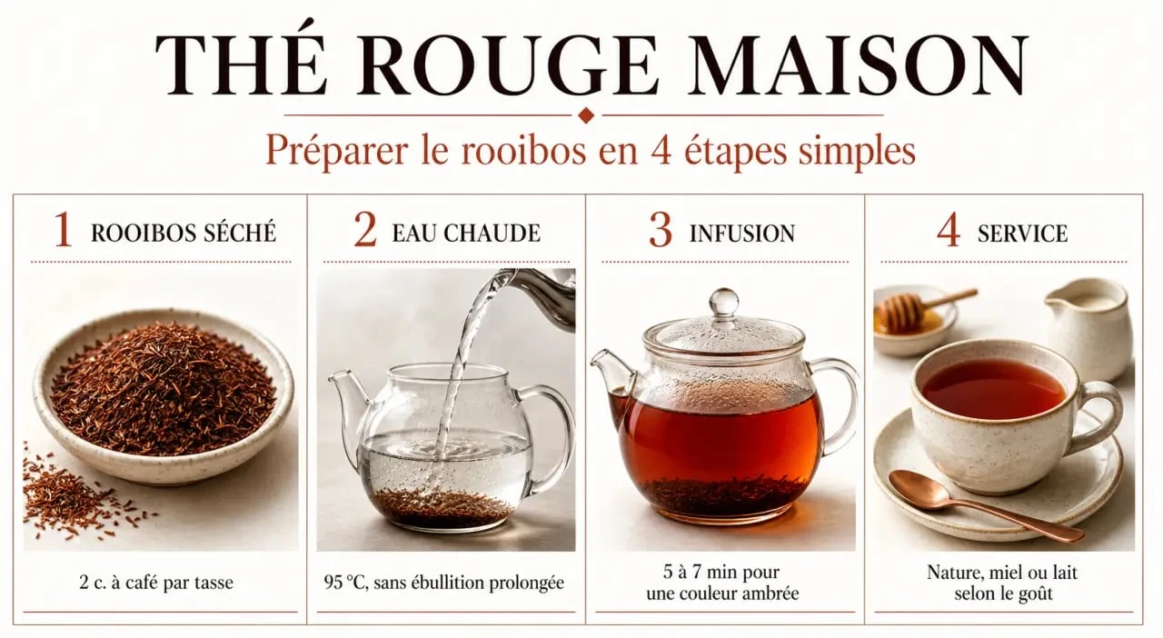 Pr&eacute;paration du th&eacute; rouge fait maison &eacute;tape par &eacute;tape avec infusion de rooibos