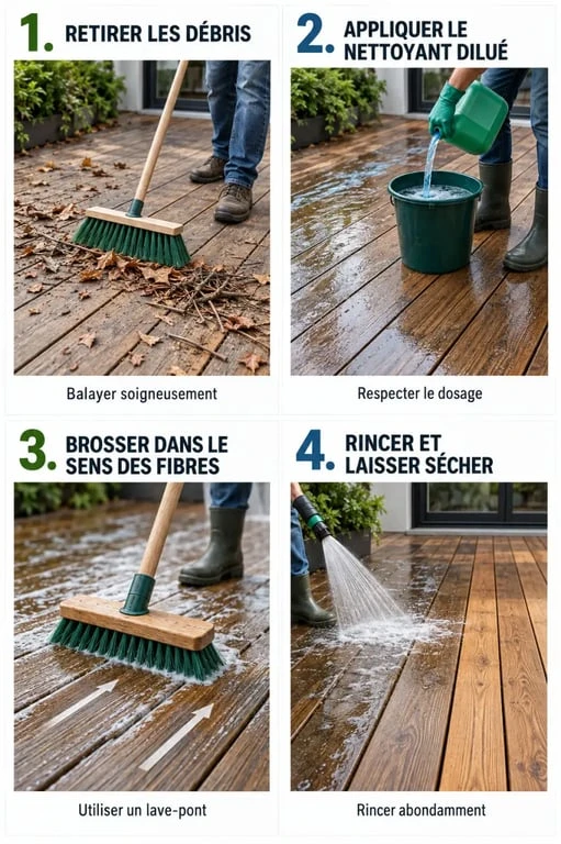 Nettoyant terrasse bois : &eacute;tapes de brossage, rin&ccedil;age et s&eacute;chage d'une terrasse en bois
