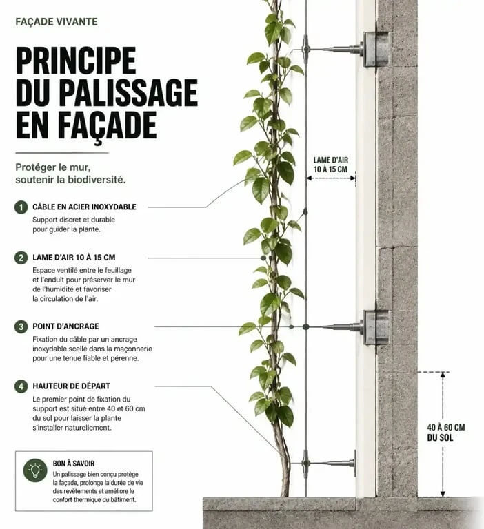 Schéma du palissage d'une plante pour couvrir un mur avec lame d'air et ancrage