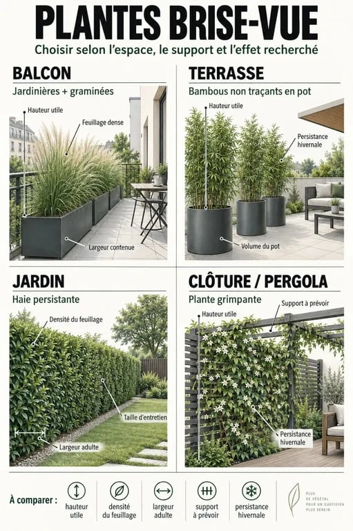 Infographie sur les plantes brise-vue pour balcon, terrasse, jardin et clôture