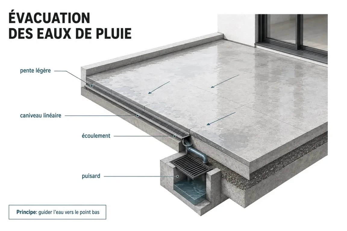 &Eacute;vacuer l eau d une terrasse : sch&eacute;ma &eacute;ditorial de pente, caniveau et puisard