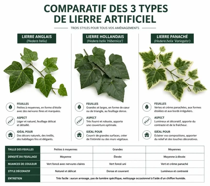 Comparatif des vari&eacute;t&eacute;s de lierre artificiel : anglais, hollandais et panach&eacute;