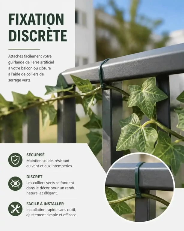 Installation d'une guirlande de lierre artificiel sur un balcon avec des fixations discr&egrave;tes