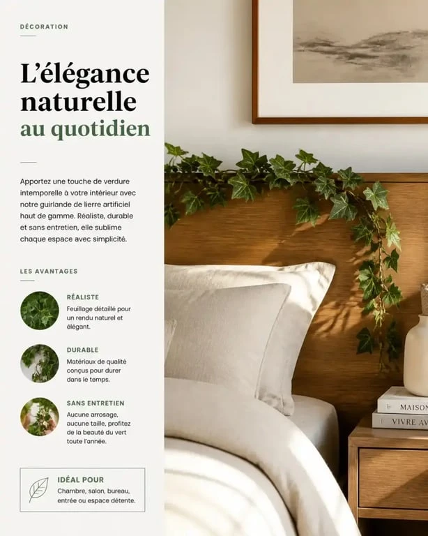 Guirlande de lierre artificiel install&eacute;e sur une t&ecirc;te de lit pour une d&eacute;coration boh&egrave;me