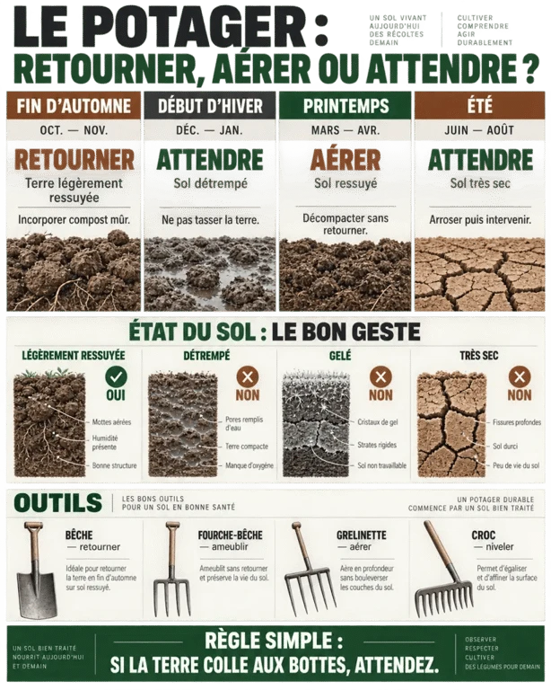 Quand retourner la terre du potager selon la saison et l&rsquo;humidit&eacute; du sol