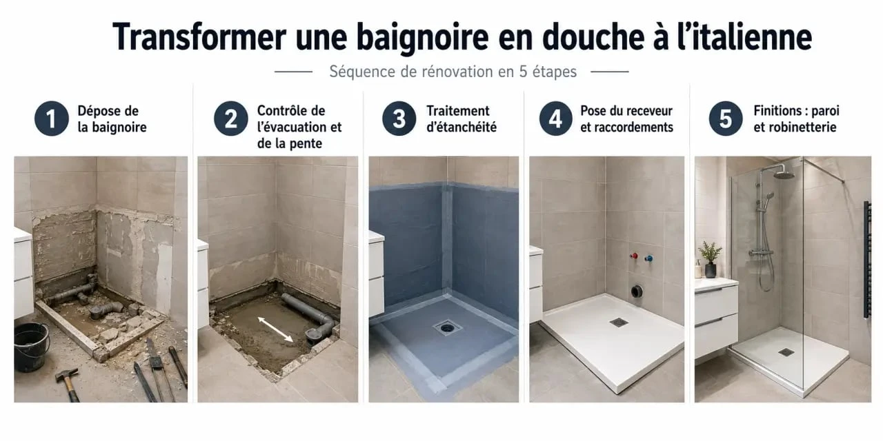 &Eacute;tapes pour remplacer une baignoire par douche italienne dans une salle de bain en r&eacute;novation