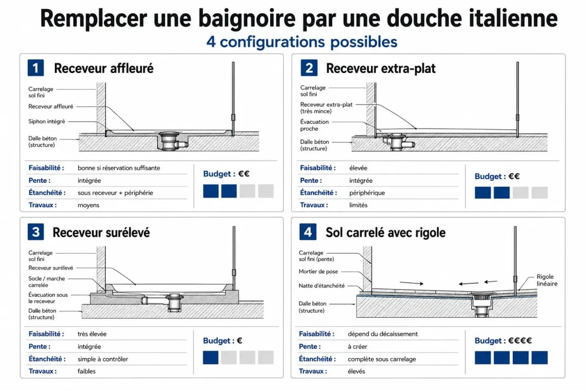 Comparatif pour remplacer une baignoire par douche italienne selon le type de receveur