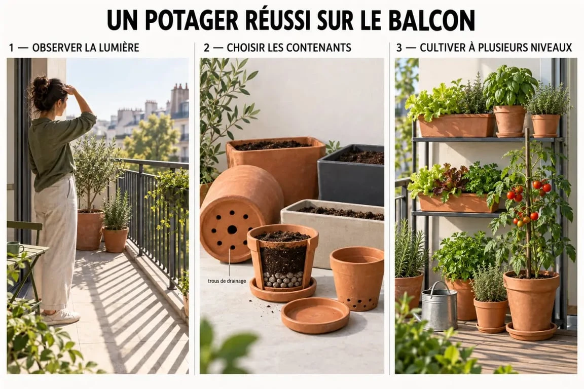 Illustration des &eacute;tapes pour installer un potager balcon avec contenants, drainage et plantes adapt&eacute;es
